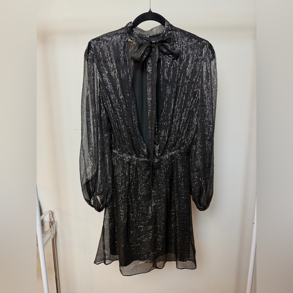 Maje Black Metallic Sheer Long-Sleeve Mini Silk Dress - Picture 4 of 8